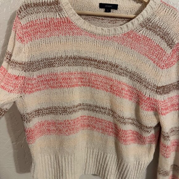 J. Crew 100% Cotton Cream & Pink Striped Crewneck Boucle Sweater - Picture 4 of 8